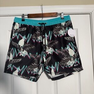 Neff Men's Beach Vacation Summer Swim Bird Shorts - Black & Teal 80s Retro Vibe
